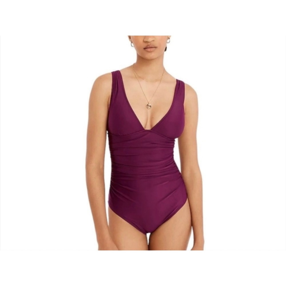 J.Crew Women Long Torso Ruched V-Neck One-Piece Swimsuit Plum Purple Size 16 EUC